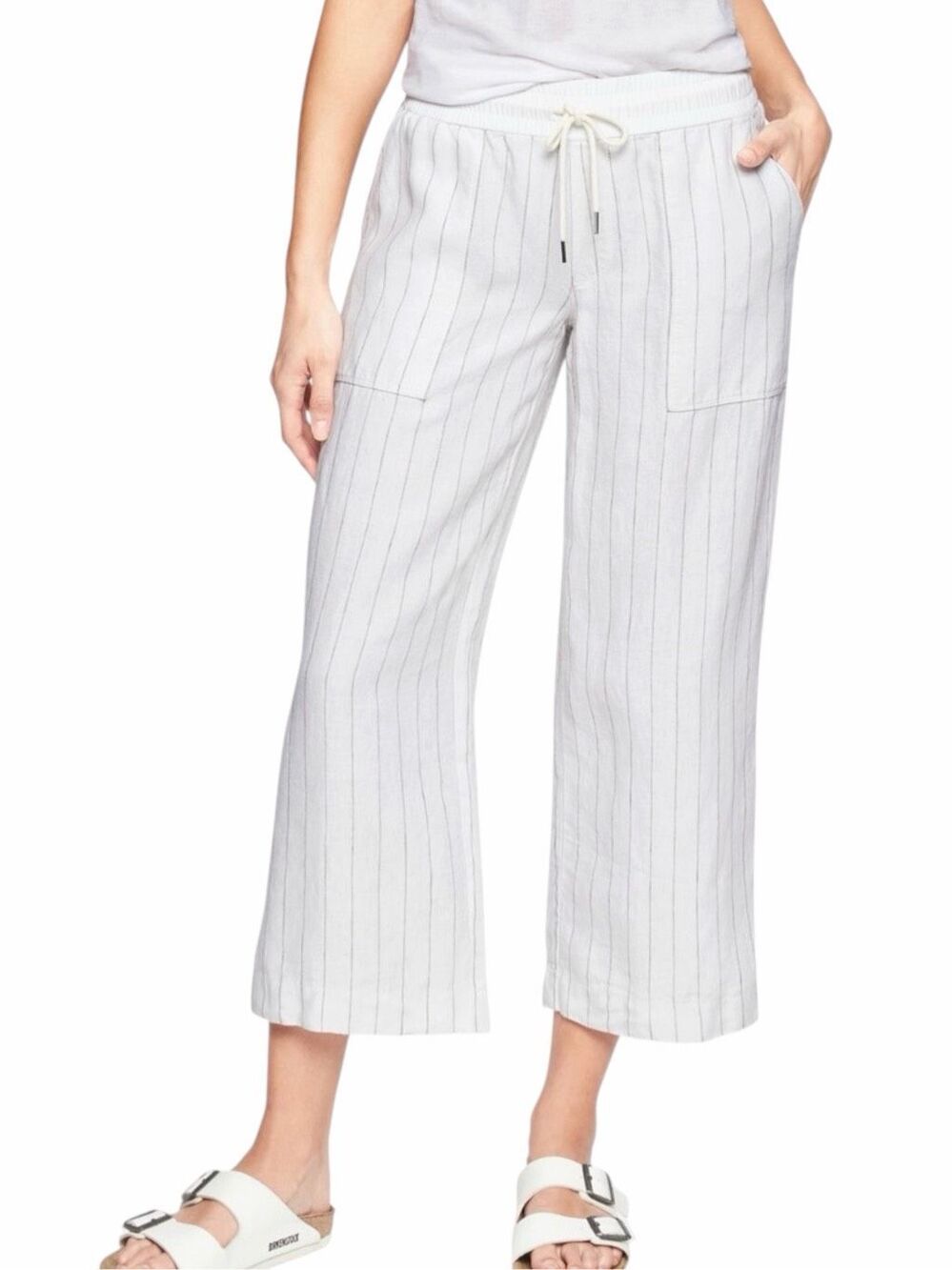ATHLETA Stripe Bali Linen Crop Pant White Gray Size 8 Style #291717